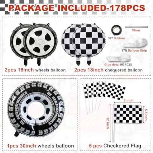 Race Car Birthday Party Balloons Arch Kit,179Pcs Race Car Party Decorations Red Yellow Black And Blue & Checkered Flag & Wheels Foil Balloon For Boys Racing Car Theme Two Fast Party Supplies