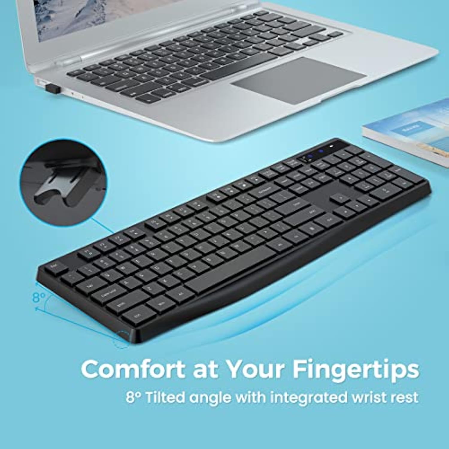 Mk98 Wireless Keyboard, 2.4G Ergonomic, Computer Keyboard, Enlarged Indicator Light, Full Size Pc Keyboard With Numeric Keypad For Laptop, Desktop, Surface, Chromebook, Notebook, Black