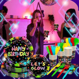 168 Pcs Serves 24 Guests Happy Birthday Party Plates And Napkins Glow Neon Birthday Tableware Set - Cups, Knives, Forks, Spoons