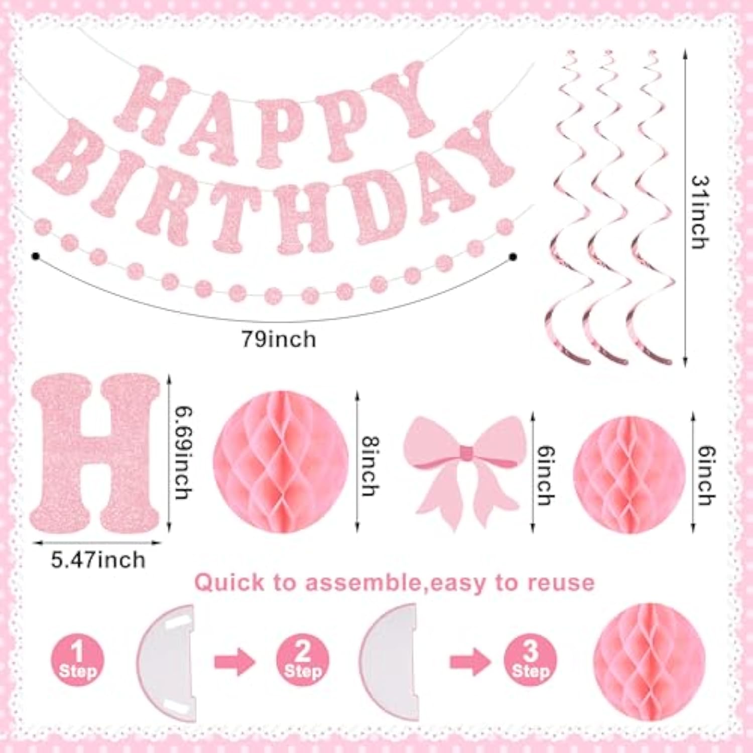 Pink Bow Birthday Party Decorations Pink Glittery Happy Birthday Banner Garland Bow Hanging Swirls And Honeycomb Balls Coquette Birthdays Decor For Women Girls Birthdays Party Supplies