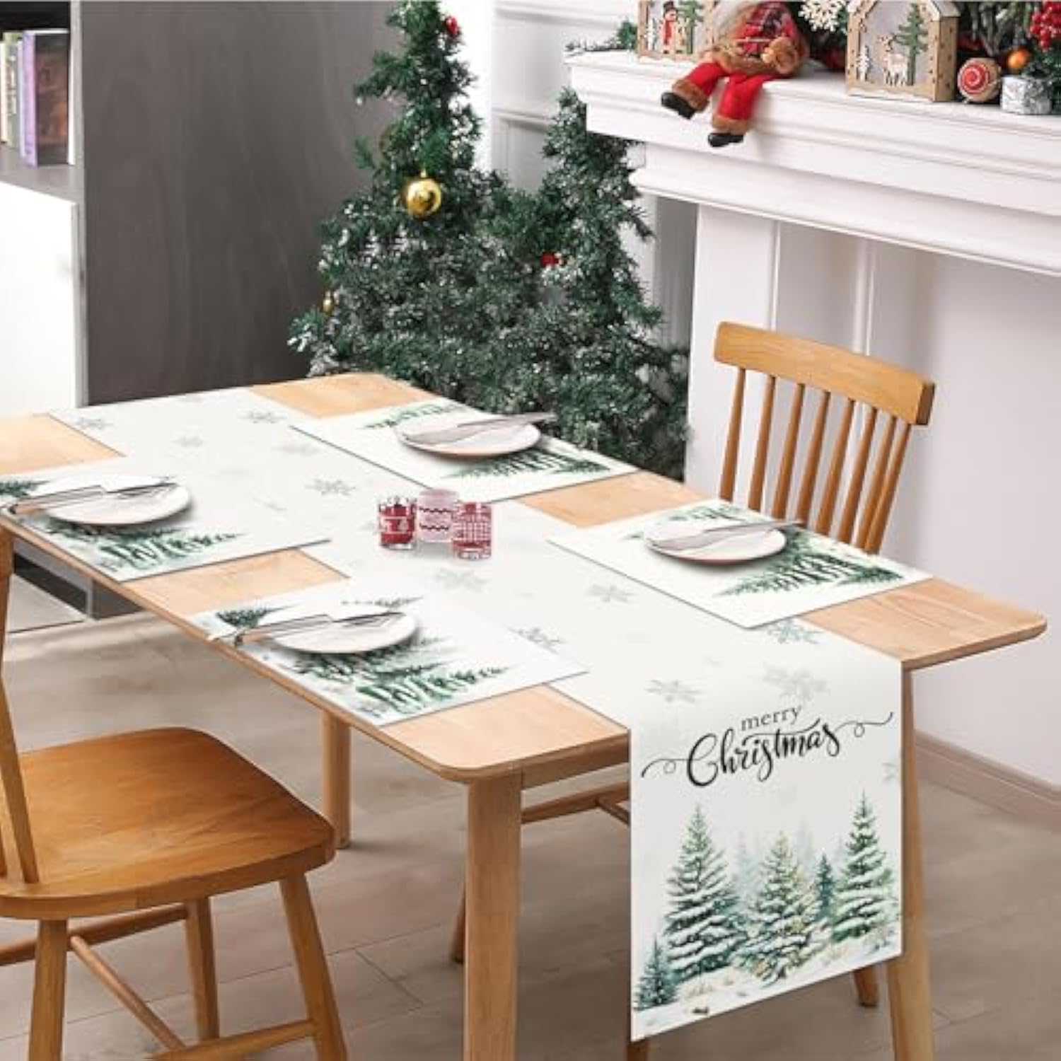 Winter Snowy Forest Table Runner 13X90 Inch Merry Christmas Pine Trees Snowflakes Xmas Winter Holiday Kitchen Dining Table Decoration For Home Party Decor