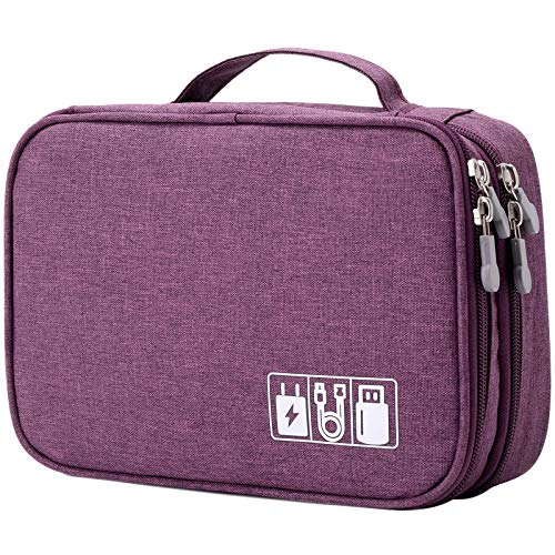 Travel Electronics Organizer Soft Case Small Electronic Accessories Carrying Bag Double-Layer For Cords Phone Chargers Cables Earbuds Adapter Mouse, Purple