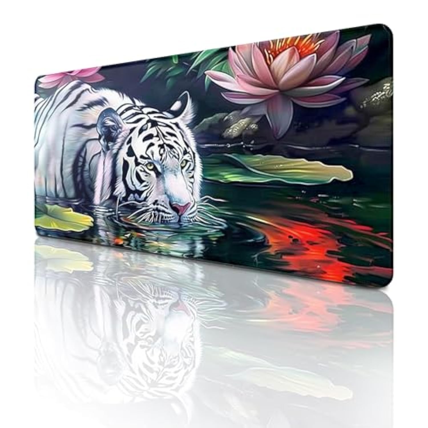 White Tiger Large Mouse Pad Wildlife Animals Mousepad Aesthetic Lotus Flower Desk Mat For Keyboard And Computer Pad Rubber Non-Slip For Gaming Home Office Supplies For Desk 23.6 X 11.8 Inch