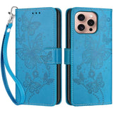 Designed For Iphone 16 Pro Case Wallet,Women Flip Folio Cover With Embossed Pu Leather Stand Credit Card Holders Slots Wrist Strap Phone Case For Iphone 16 Pro 6.3 Inch (Blue Butterfly)