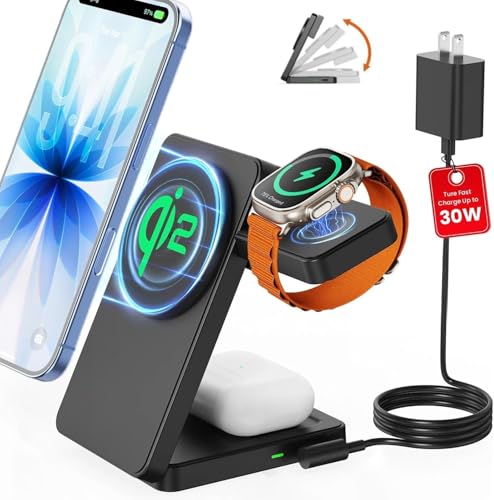 Magnetic Wireless Charging Station for : Upgraded Certified 15W 3-in-1 Magsafe Wireless Charger Stand, Foldable Travel Fast Charger for iPhone
