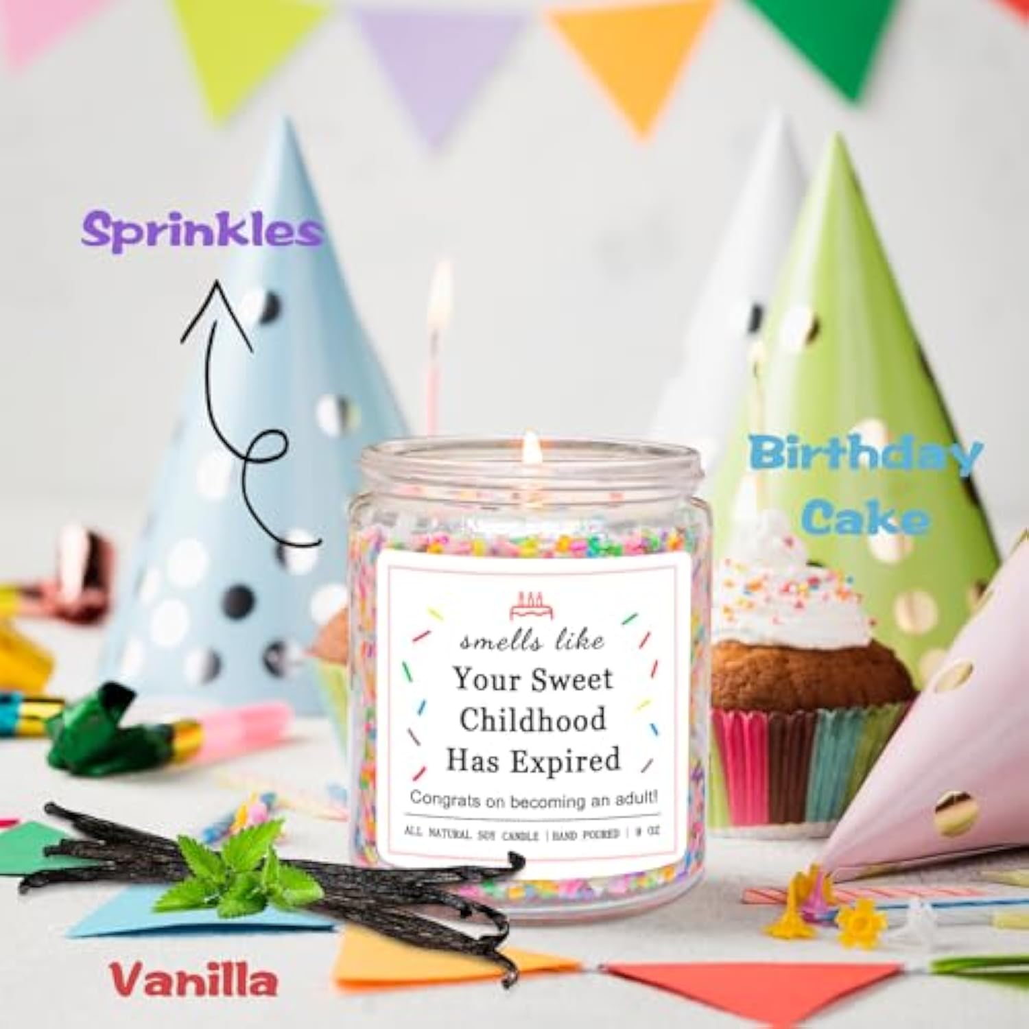 18Th Birthday Gifts For Girls, 18Th Birthday Decorations Candles Gifts For 18 Year Old Girls, Your Childhood Has Expired Handmade Candles (Vanilla Birthday Cake Scent With Sprinkles)