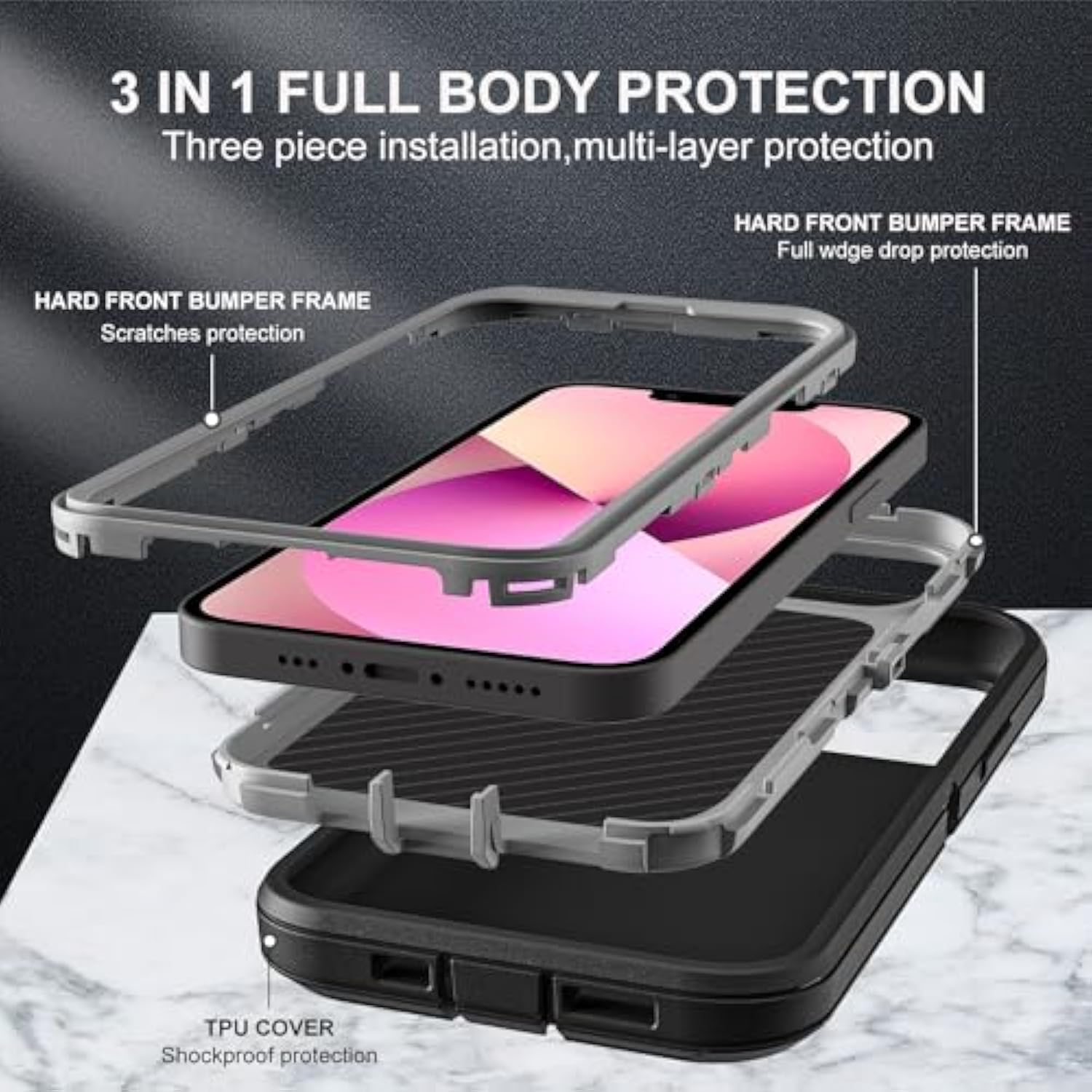 For Iphone 13 Mini Case, Military Grade 3 In 1 Heavy Duty Shockproof/Drop Proof/Dust Proof Case With 2Pcs Tempered Glass Screen Protector (Black/Grey)
