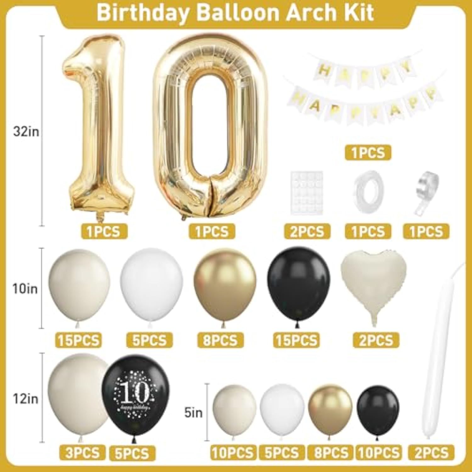 10th Birthday Black Gold Balloon Arch Kit with Number 10 & Banner