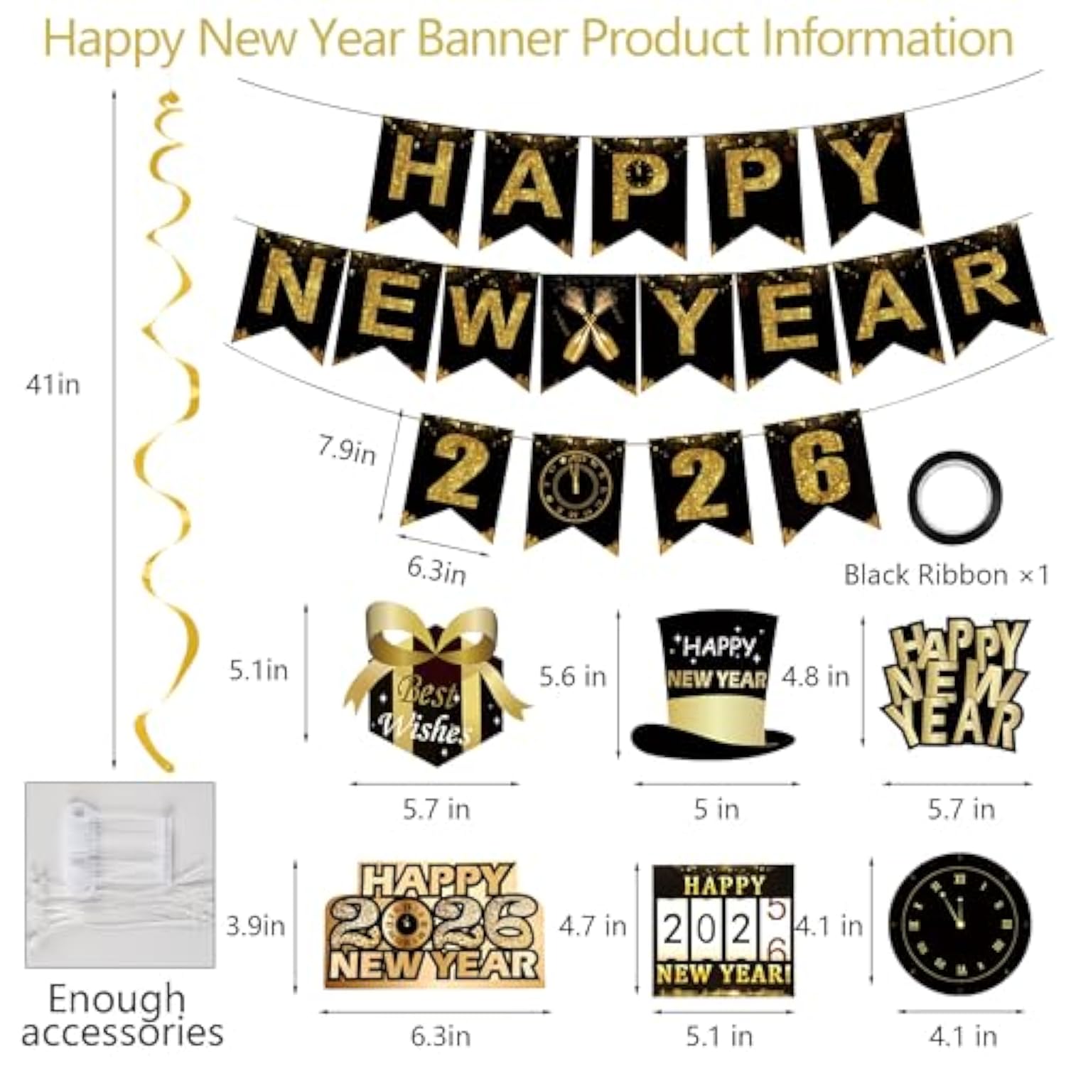6 Pcs Black Gold Happy New Year 2026 Hanging Swirls Banner Decorations