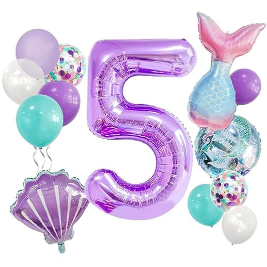 Mermaid Birthday Decorations, 13 Pcs Mermaid Balloons Decorations, Mermaid Foil Balloon Mermaid Tail Balloon Mermaid Decorations For Birthday Party, Baby Shower (Number 5)