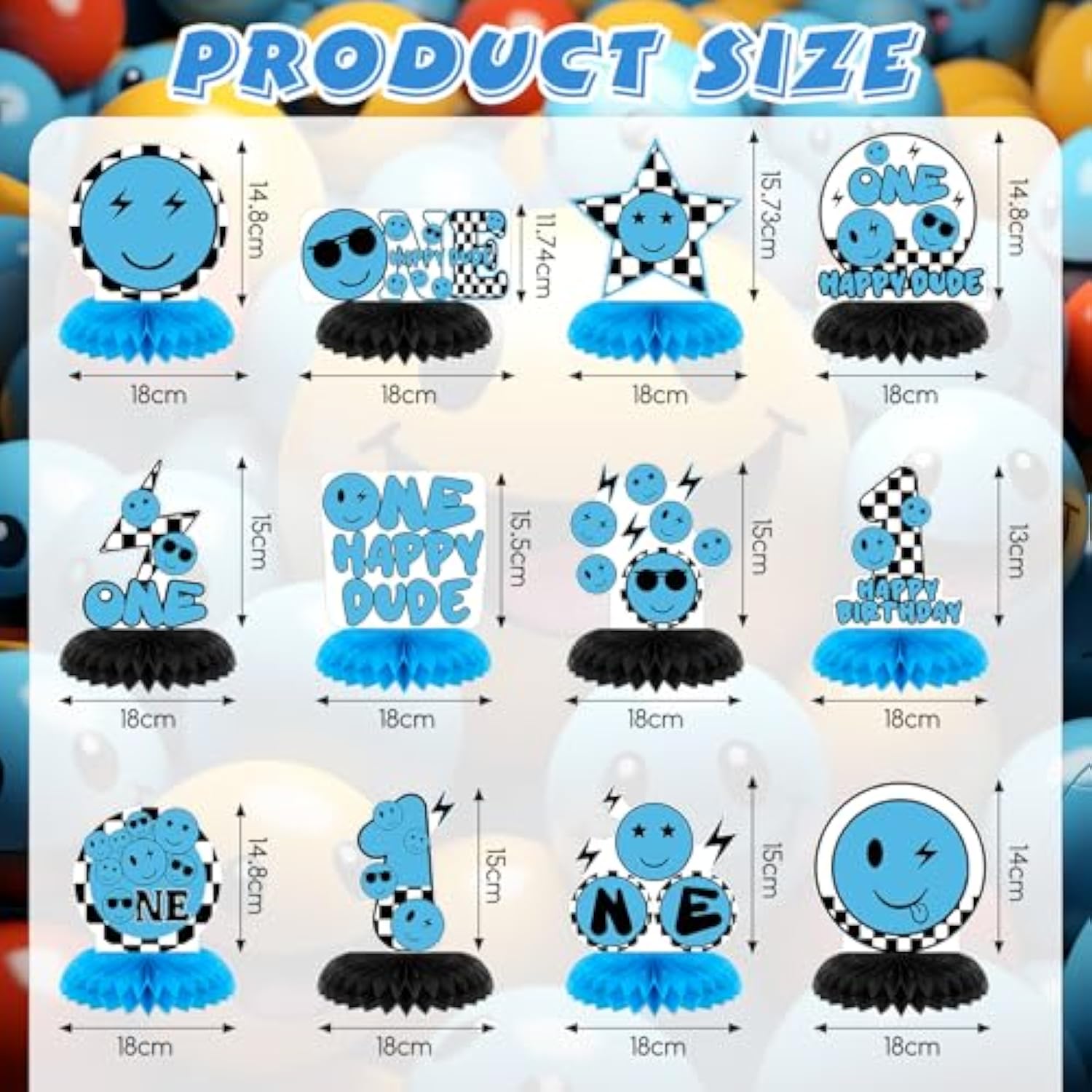 12 Pcs One Happy Dude Honeycomb Centerpiece Blue One Happy Dude 1St Birthday Party Decoration Birthday Centerpiece Table Decorations Smile Face Table Topper For Baby Shower Party