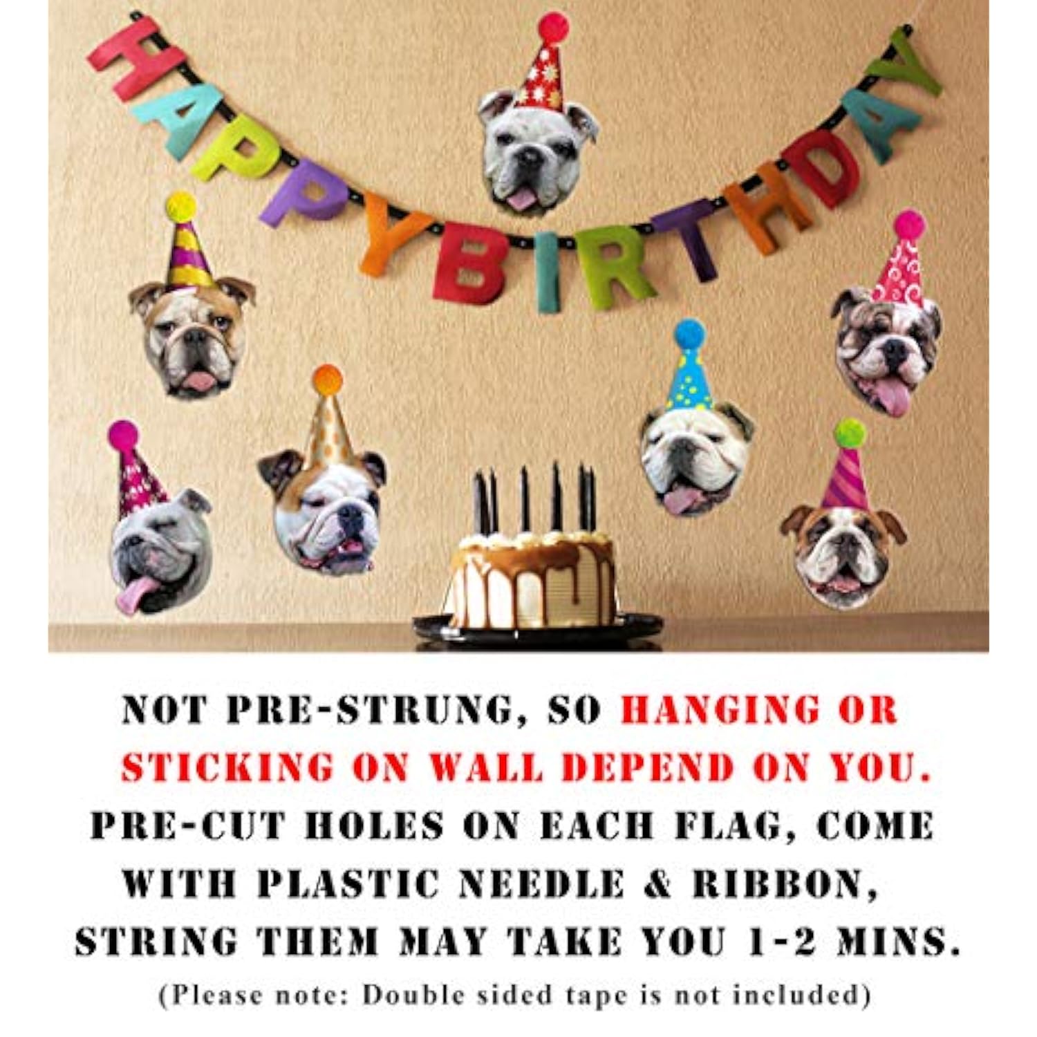 Dog Birthday Garland, Funny English Bulldog Face Portrait Birthday Banner, Bday Party Decoration…