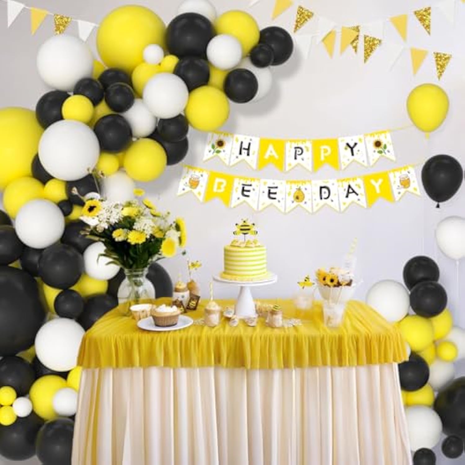 Yellow Black White Balloon Garland Arch Kit -122Pcs Spring Party Balloons Yellow And Black Balloons For Birthday Wedding Anniversary Bee Sunflower Party Decorations