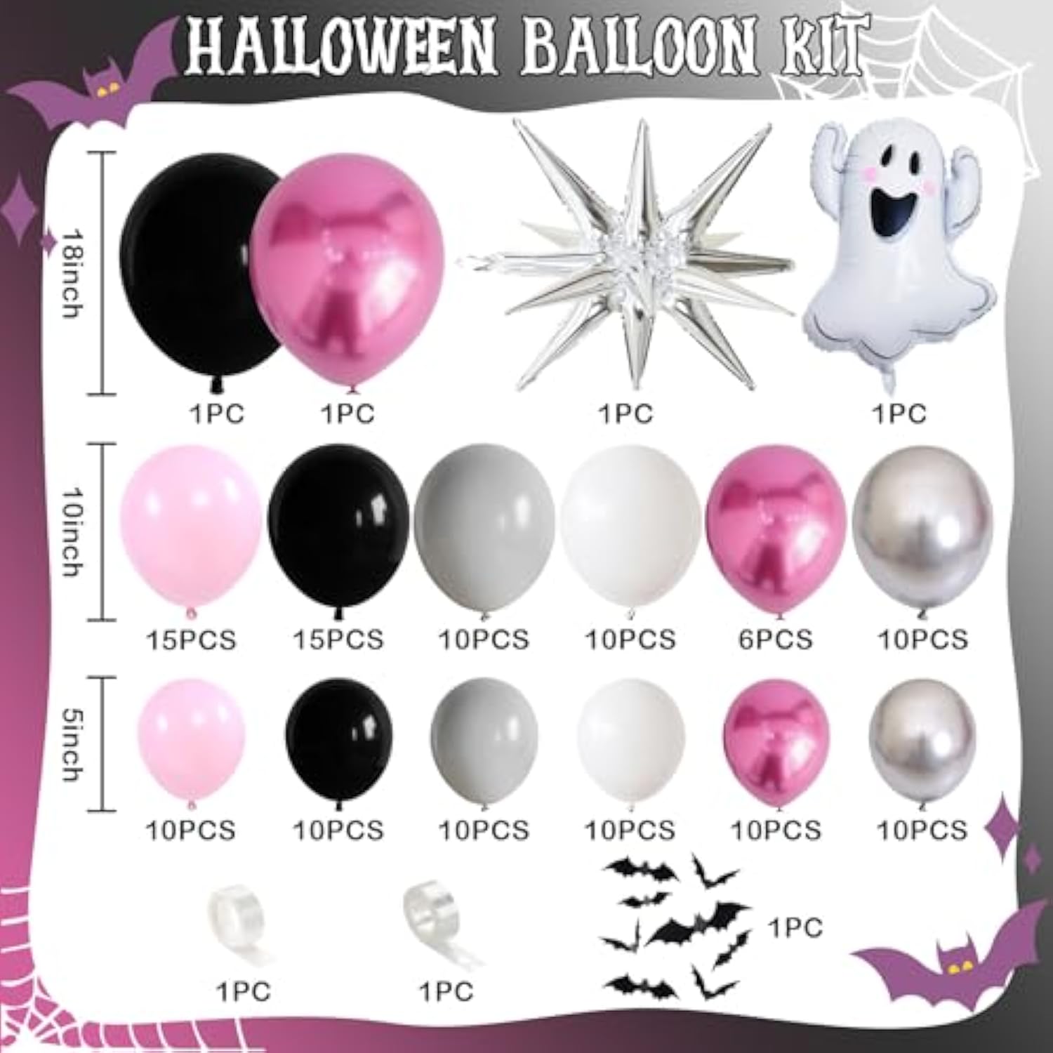 131Pcs Halloween Balloon Arch Kit - Pink, Black, Silver with Ghost, Star & 3D Bat Decor