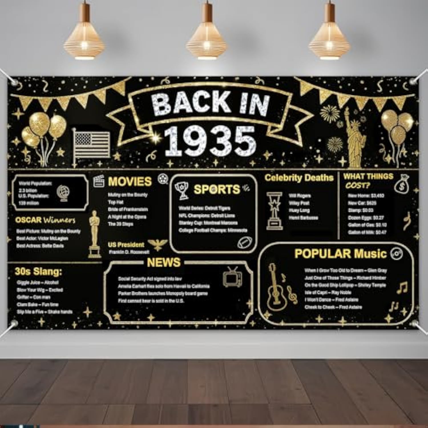Back In 1935 Backdrop Banner 71X43 Inch Black And Gold Birthday Party Decorations Photography Background Photo Booth Props For Men Women