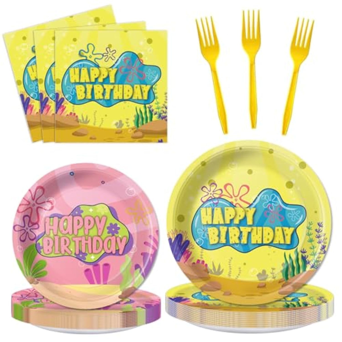Yellow Cartoon Birthday Party Tableware Set – Ocean Theme Plates, Napkins, Forks, Disposable Party Decorations For Kids Birthday, Sea Underwater Theme Supplies For 24 Guests
