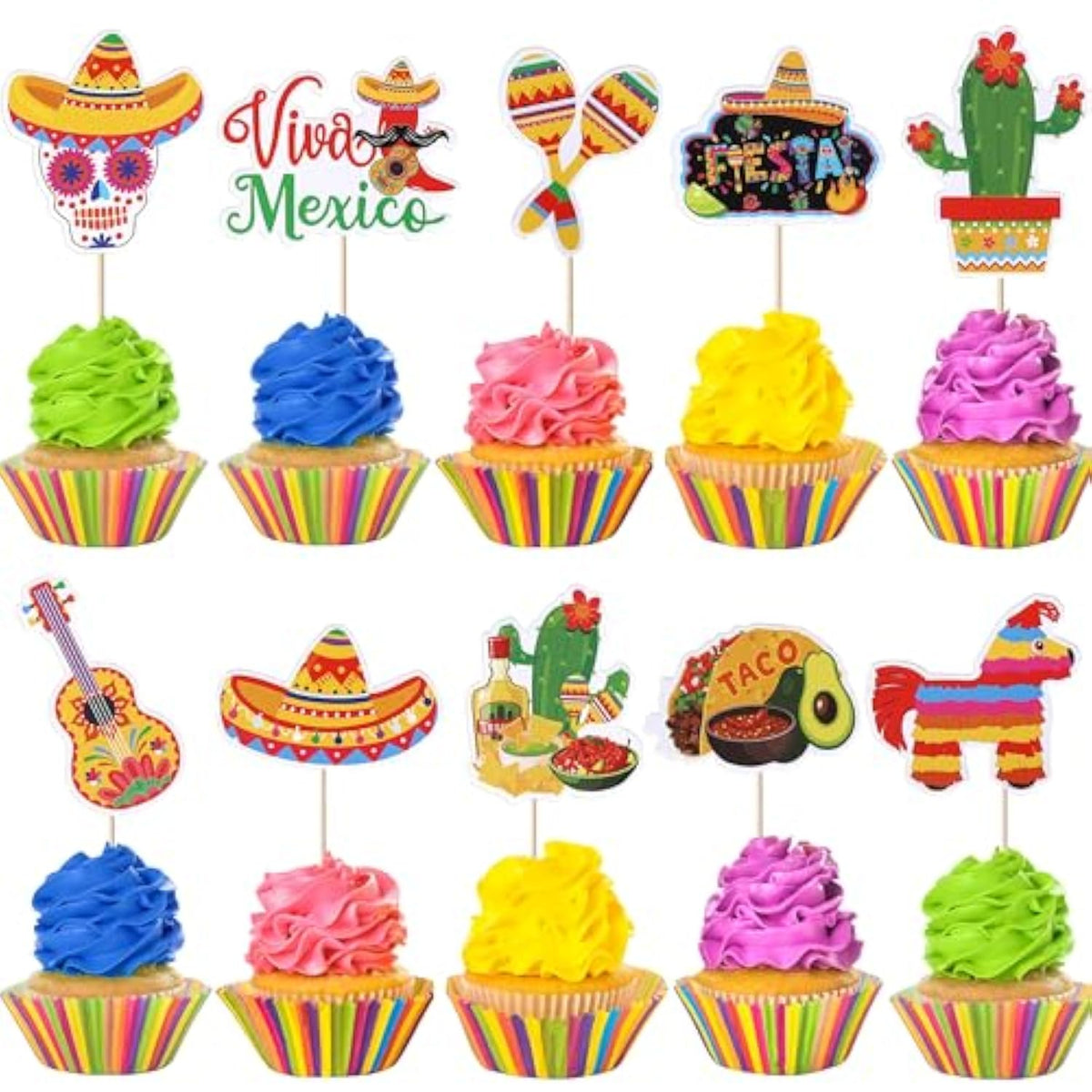 40 Pack Fiesta Cupcake Toppers Mexican Theme Cake Decoration Cactus Donkey Maraca Sombrero Taco Pepper Cupcake Picks For Baby Shower Birthday Mexican Fiesta Party Decorations
