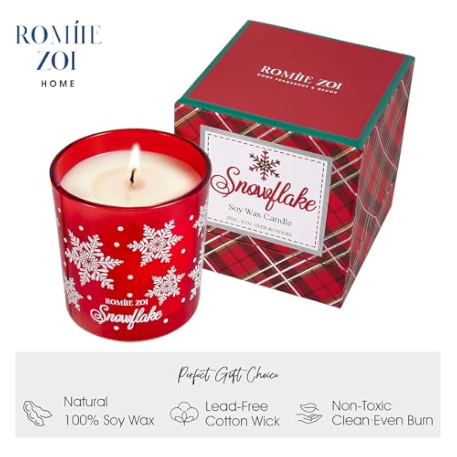 Christmas Scented Candle - 6Oz Soy Wax Candle, Snowflake, Infused With Frosty Snow & Pine Aroma - Scottish Plaid Red And Green Gift Box For Holiday Season Gift