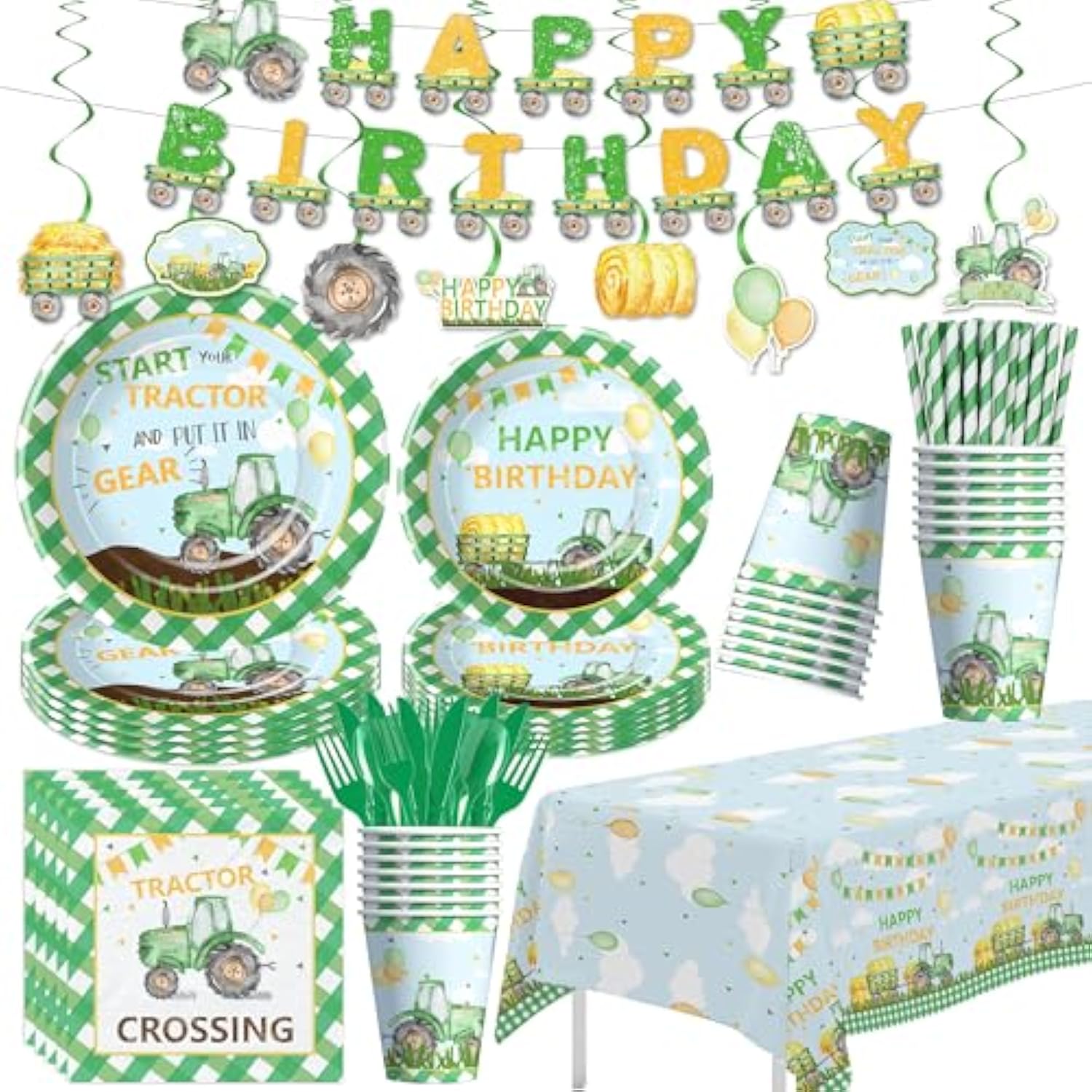 Tractor Birthday Decorations, Farm Theme Green Tractor Party Supplies For Birthday Baby Shower, Paper Plate, Cup, Napkin, Banner, Tablecloth, Swirls, Cutlery, Serves 24