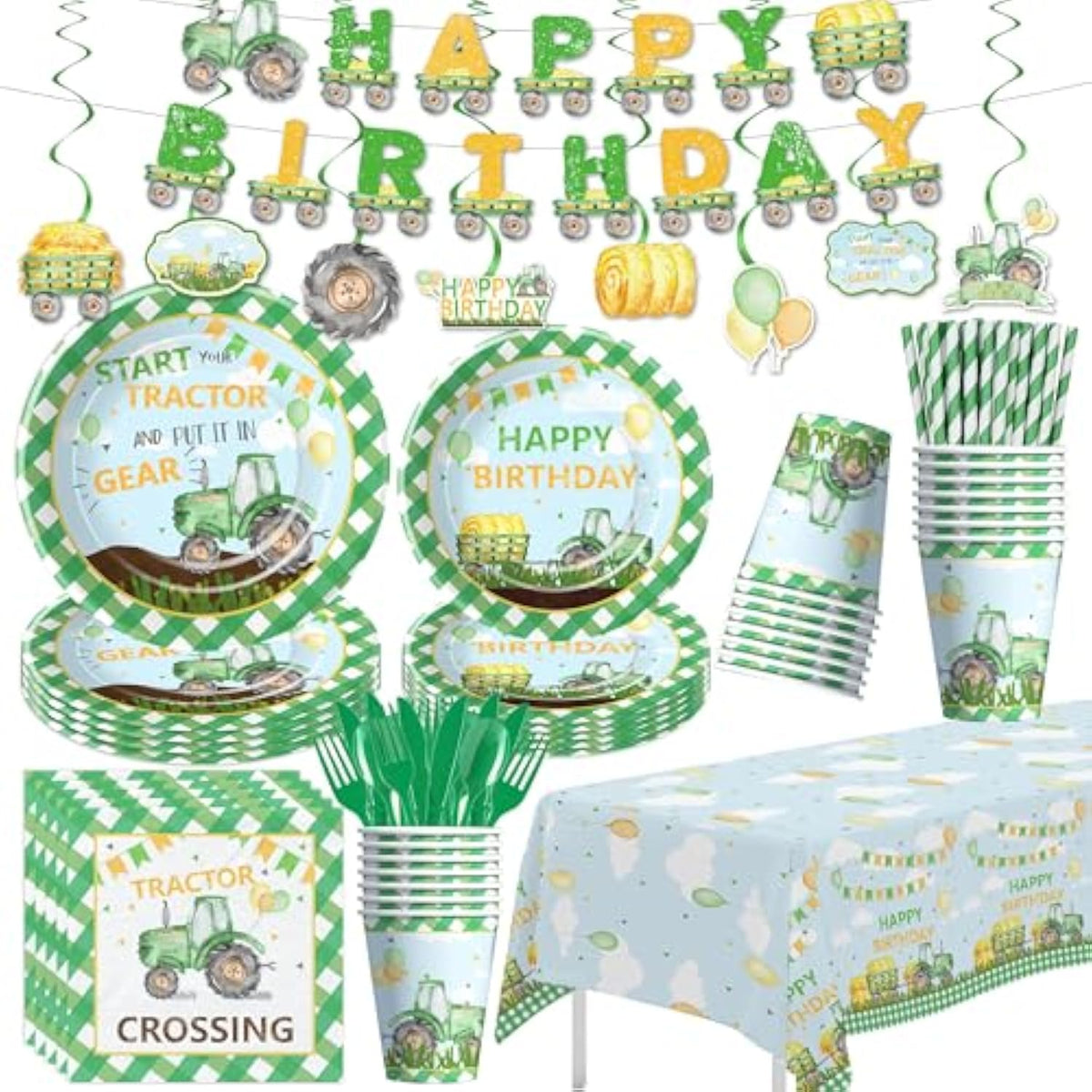 Tractor Birthday Decorations, Farm Theme Green Tractor Party Supplies For Birthday Baby Shower, Paper Plate, Cup, Napkin, Banner, Tablecloth, Swirls, Cutlery, Serves 24