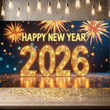 Gold Glitter Happy New Year 2026 Banner Fabric Backdrop 70.8x43.3In