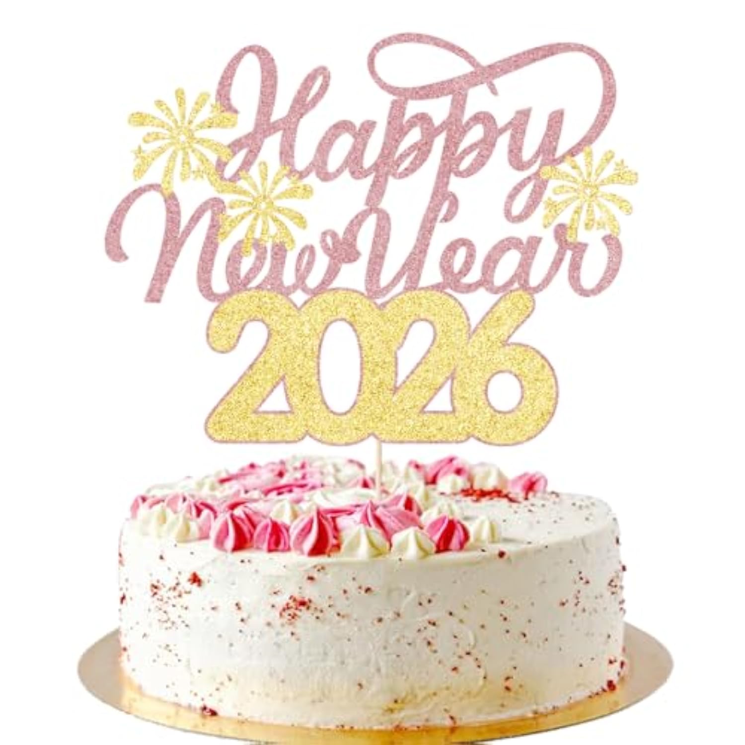 Happy New Year 2026 Cake Topper Gold Rose Glitter Party Decorations