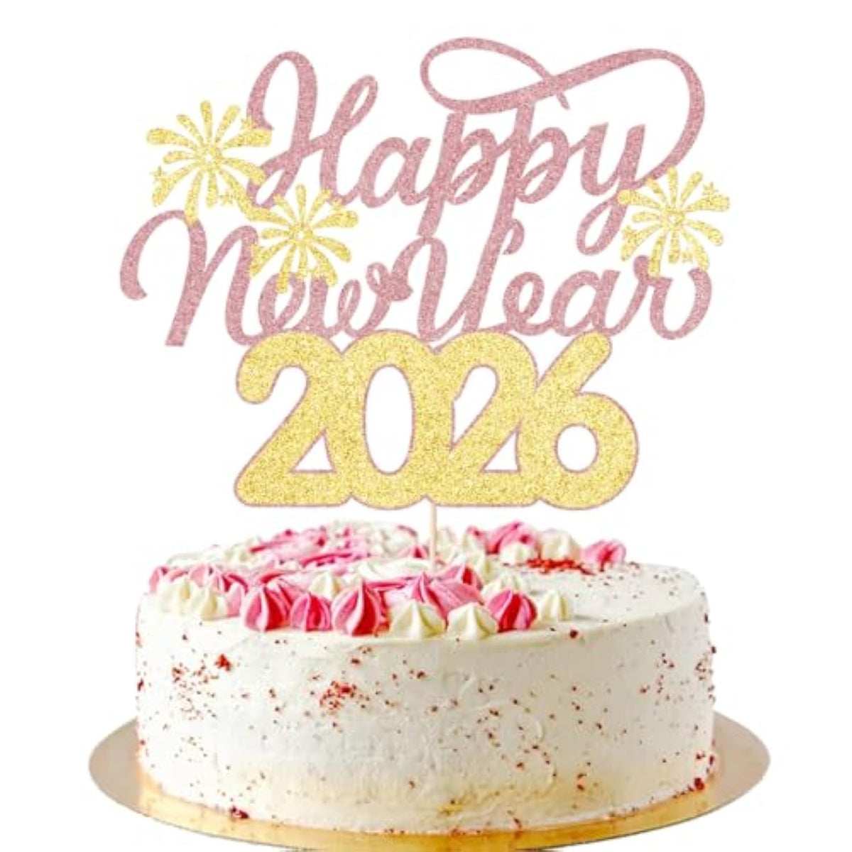 Happy New Year 2026 Cake Topper Gold Rose Glitter Party Decorations