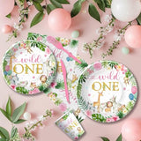 Wild One Birthday Decorations Girl Tableware - Disposable Jungle Safari First Birthday Decorations, Paper Plate, Napkin, Cup, Cutlery, Jungle Animal Theme Wild One Party Supplies | 24 Guests