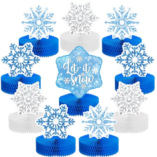 10Pcs Christmas Snowflake Honeycomb Centerpieces Winter Wonderland Tabletop Signs Blue Silver Tiered Tray Decor for Birthday Christmas Frozen Party Decorations Supplies