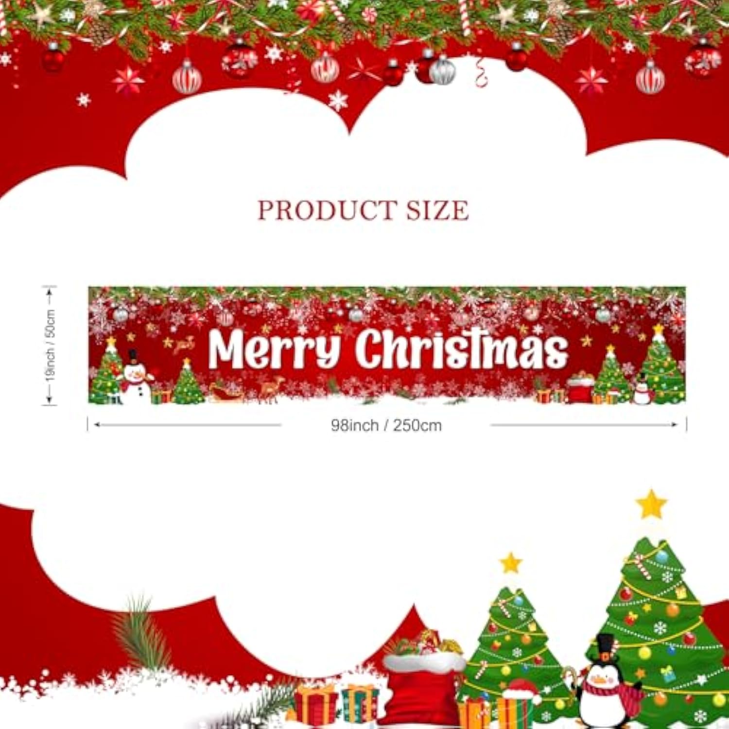 Merry Christmas Banner 8X2 Ft Large Christmas Banner For Outside Red Holiday Xmas Backdrop Yard Decorations