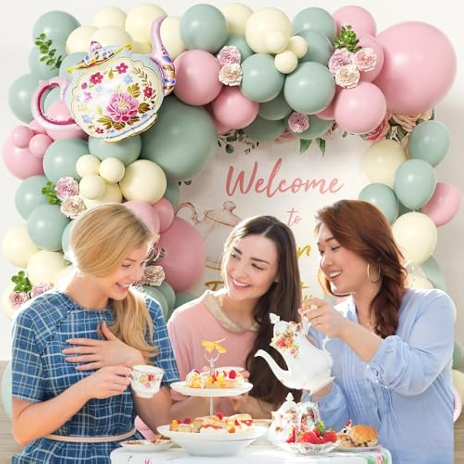 102Pcs Tea Party Decorations Balloon Garland Arch Kit With 2 Giant Floral Teapot Foil Balloons, 18/12/10/5 Inch Sage Green Dusty Pink Cream Latex For Girls Birthday,Garden Bridal Shower