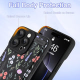 For Iphone 16 Pro Max Case With Strap For Women Girls, Cute Floral Flowers Pattern, Soft Wirstband Kickstand Silicone Protective Cover, Black