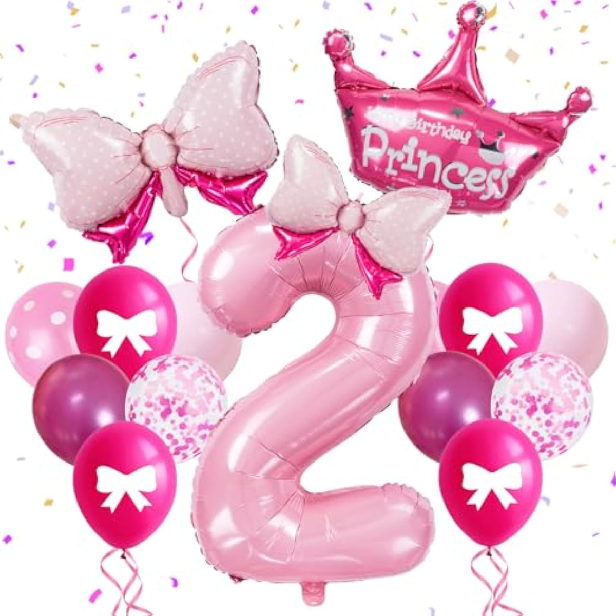 32" Number 2 Balloon Set with Bows & Crown Pink Princess Birthday Decor for Girls
