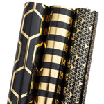 Wrapping Paper Roll Set - Black And Gold Foil Stripe, Geometric Patterns Luxury Gift Wrap For Graduation, Wedding, Bridal Shower, Birthday - 3 Rolls: 17 Inch X 120 Inch Per Roll