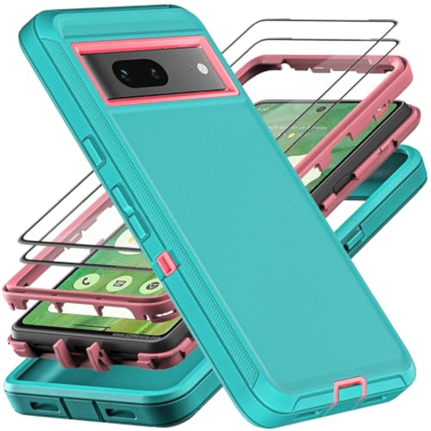 Google Pixel 7 3 in 1 Heavy Duty Shockproof Case with Tempered Glass Screen Protector Aqua Blue/Pink