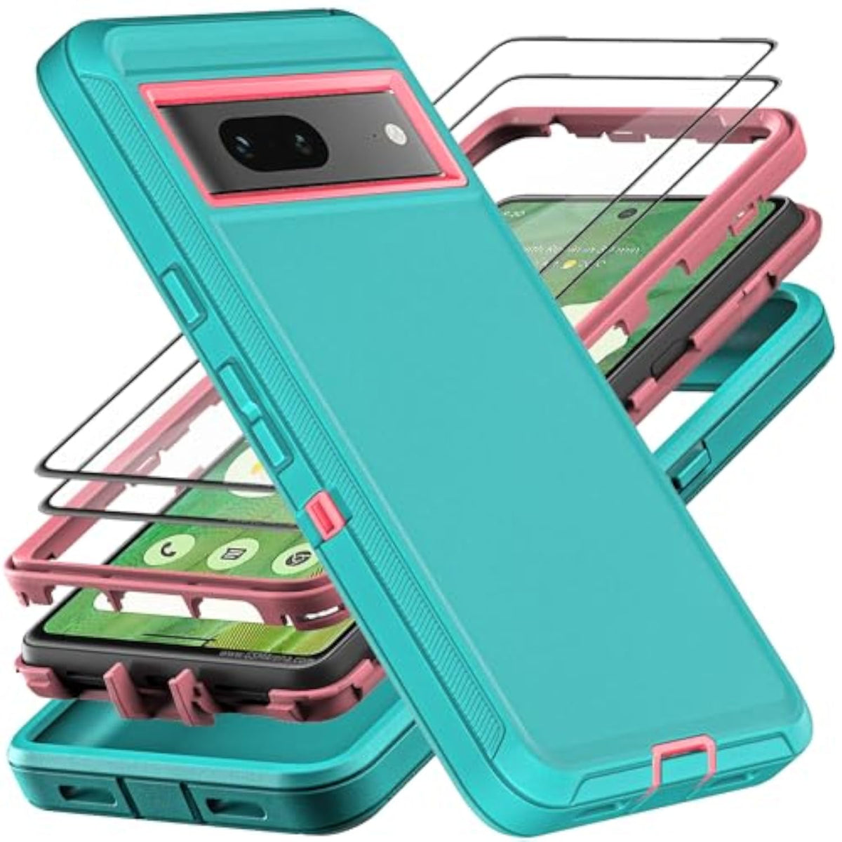 Google Pixel 7 3 in 1 Heavy Duty Shockproof Case with Tempered Glass Screen Protector Aqua Blue/Pink
