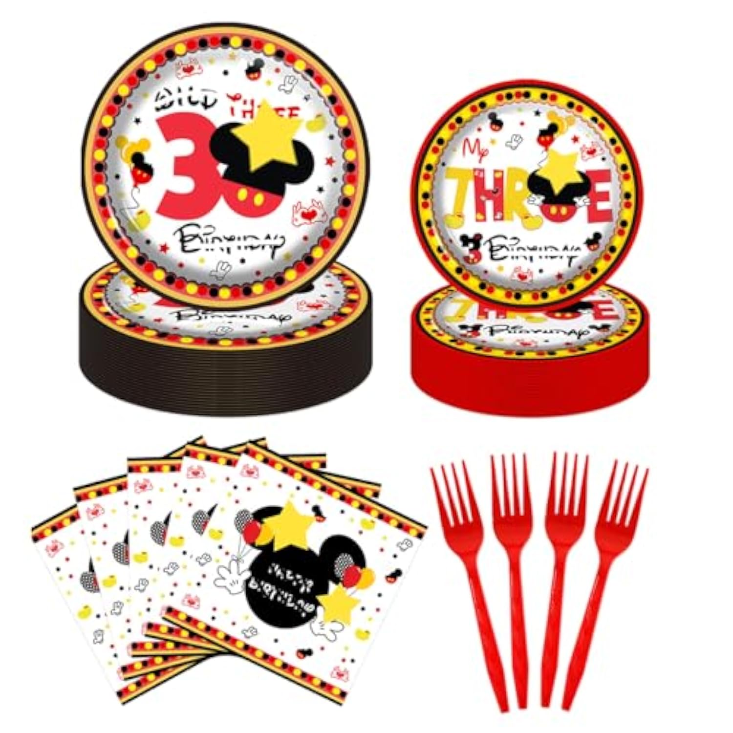 80 Pcs Red Cartoon 3Rd Birthday Party Plates, Young Wild And Three Dessert Plates Napkins Tableware Kit For Boys Three Years Old Birthday Party Decorations - 20 Guests