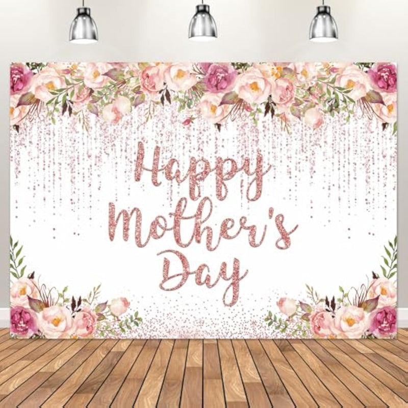 Rose Gold Happy Mother'S Day Backdrop Floral Glitter Dots Thanks Mom Background Mother'S Day Party Decorations Banner Photo Studio Props (7X5Ft)