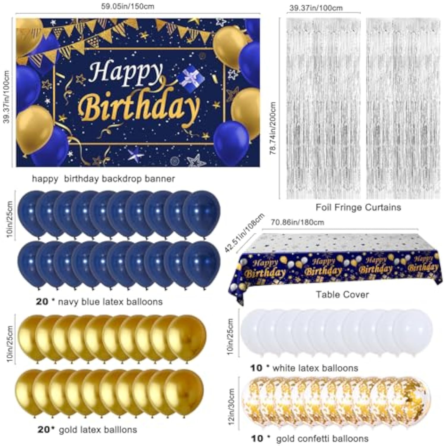 Blue & Gold Birthday Party Decoration Kit: Backdrop, Balloons, Tablecloth