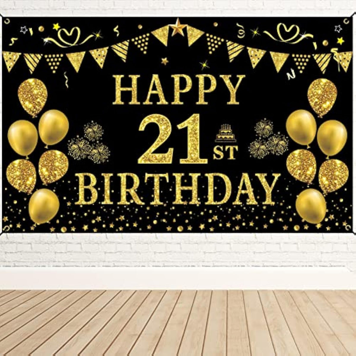 21St Birthday Decorations For Her Him, Men Women Black Gold 21St Birthday Backdrop Banner, 21 Years Old Party Supplies Photography Background Girls Boys