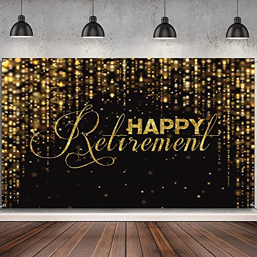 10x8ft Happy Retirement Backdrop Black and Gold Retirement Banner for Men Party Photography Background Gold Glitters Celebrate Party Decorations Photo Studio Props Banner Supplies Wallpaper