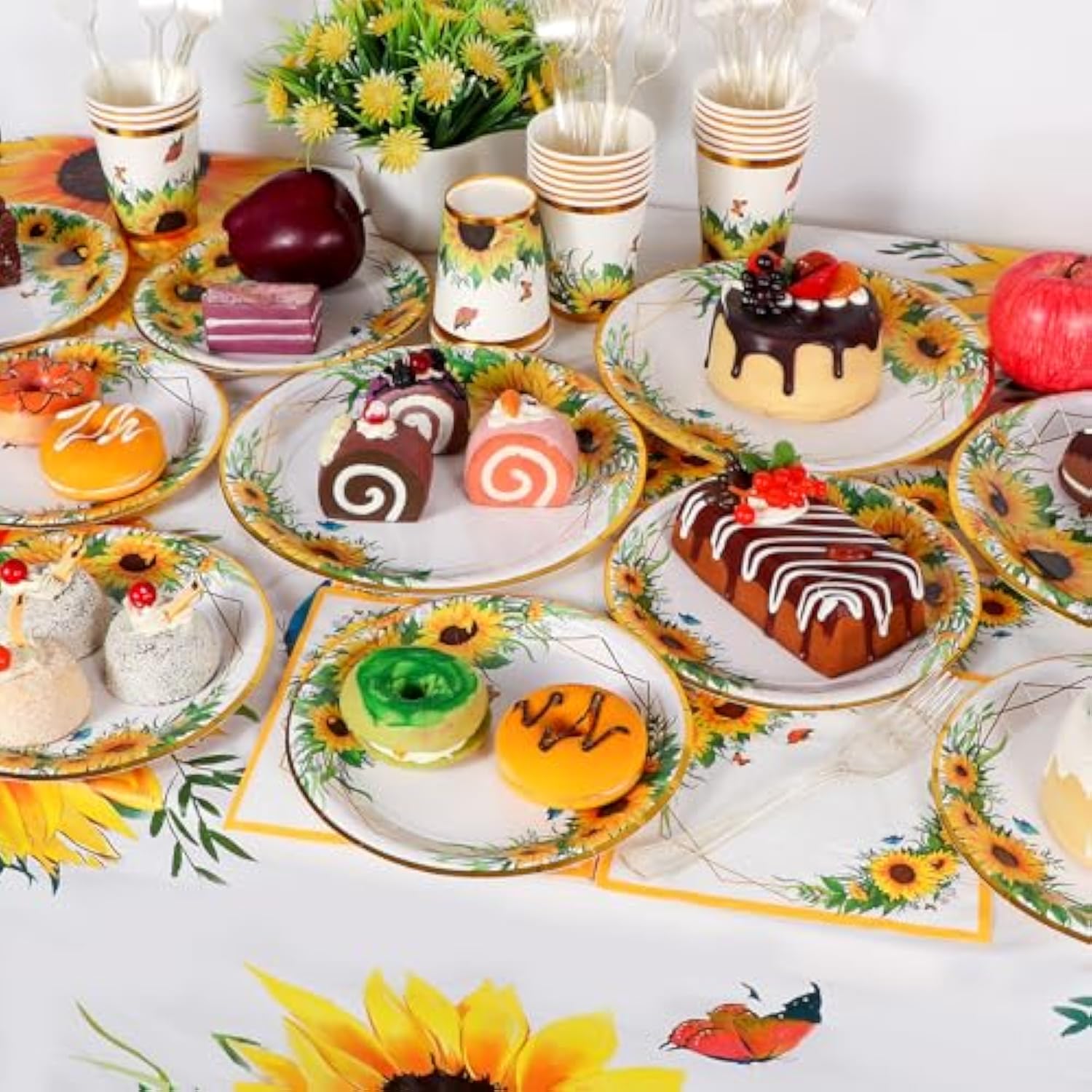 Sunflower Party Supplies, Disposable Sunflower Plates, Cups, Napkins And Cutlery For Birthday, Bridal Shower, Sunflower Party Decorations Serves 24