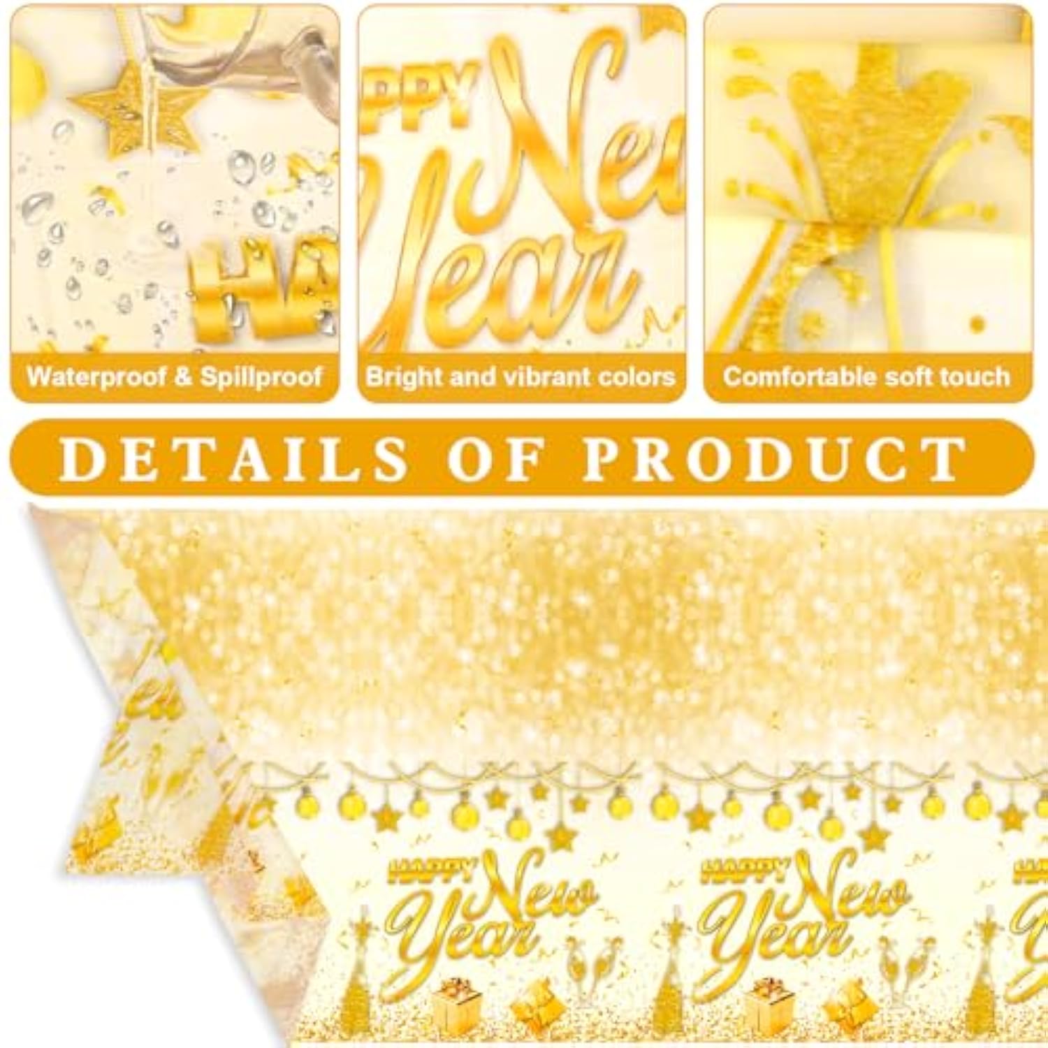 3Pcs White Gold New Year Tablecloth 108x54in 2026 Party Decorations