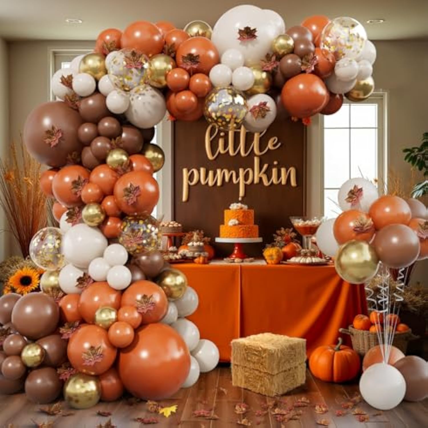 215pcs Fall Balloon Arch Kit – Orange, Brown & White with Maple Leaf Decor