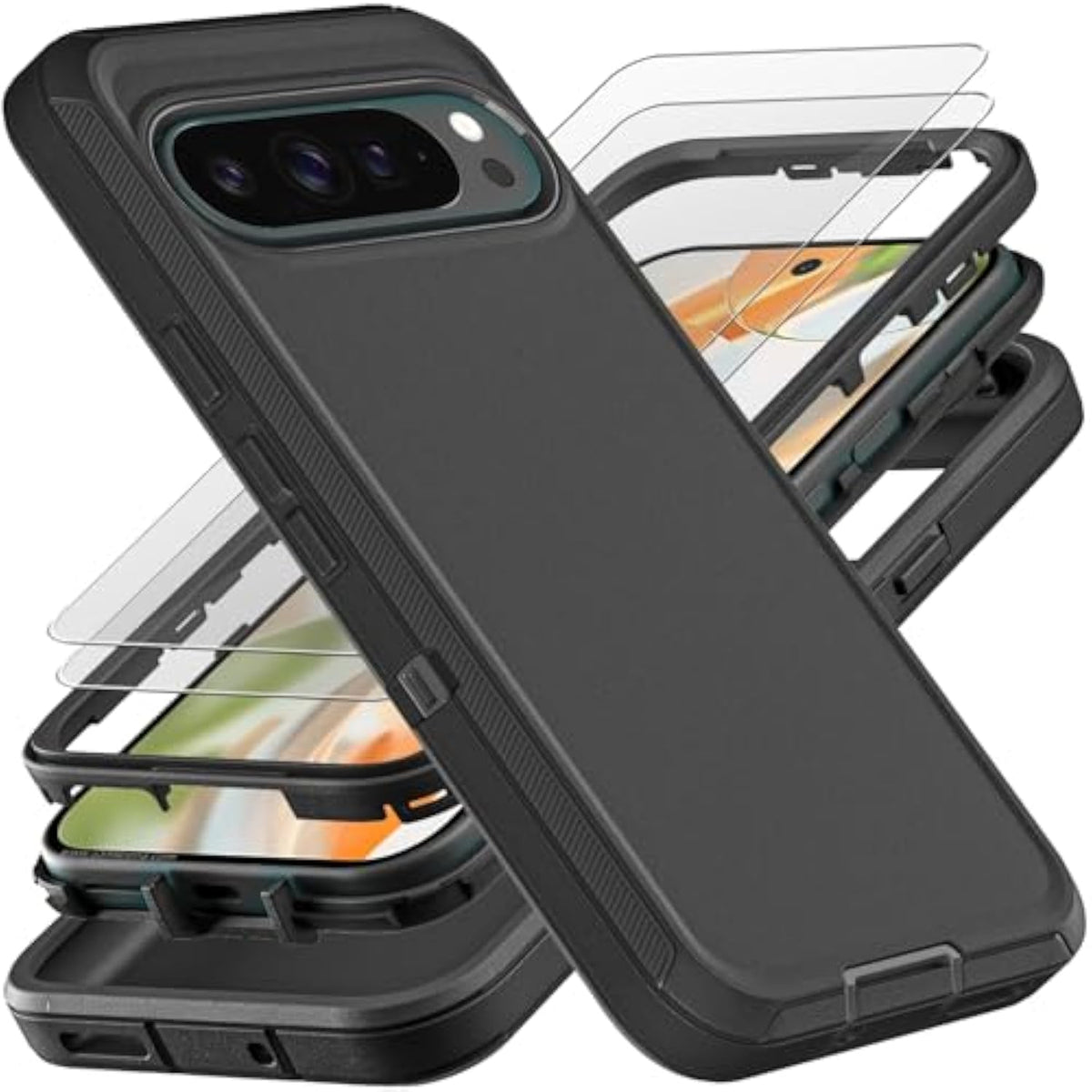 For Google Pixel 9 Case/Pixel 9 Pro Case, Grade 3 In 1 Heavy Duty Shockproof/Drop Proof/Dust Proof Case With 2Pcs Tempered Glass Screen Protector (Black/Black)