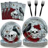 96pcs Halloween Gothic Skull Plates and Napkins Rose Crow Disposable Tableware Serves 24