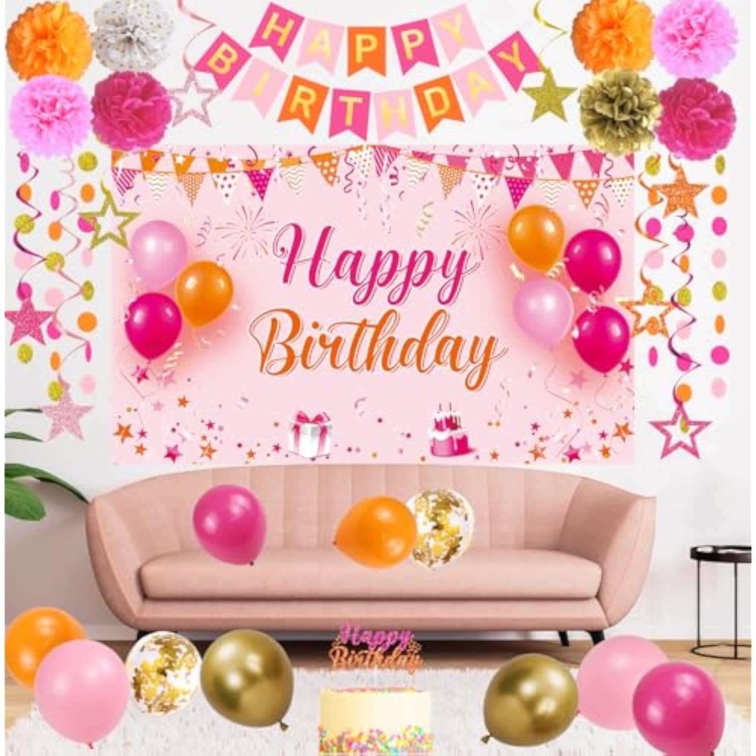 Pink & Orange Birthday Décor Set with Banner, Balloons & Party Accessories