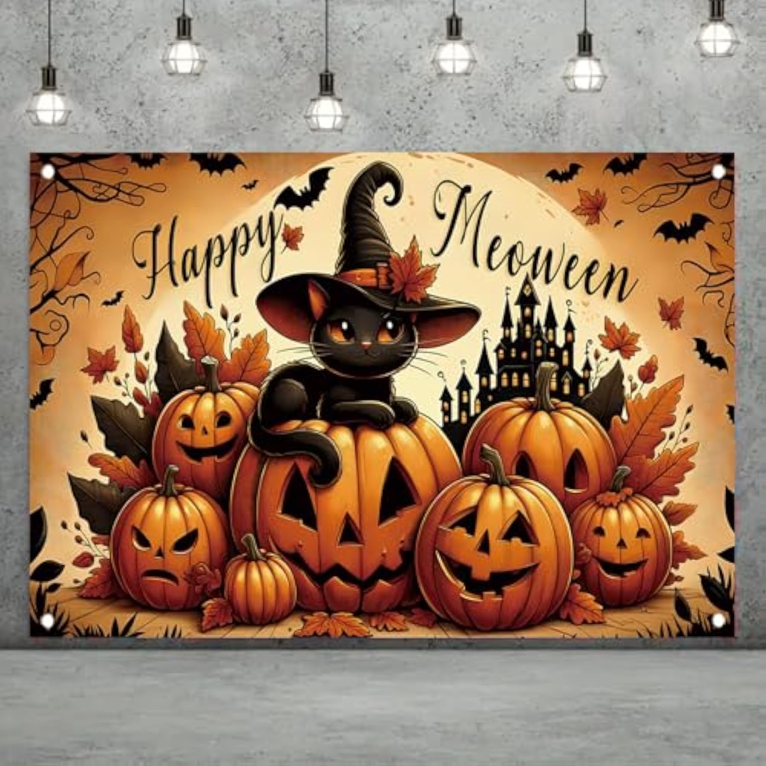 Halloween Backdrop 71x43 Inch Black Cat Pumpkin Castle Bat Party Photo Banner