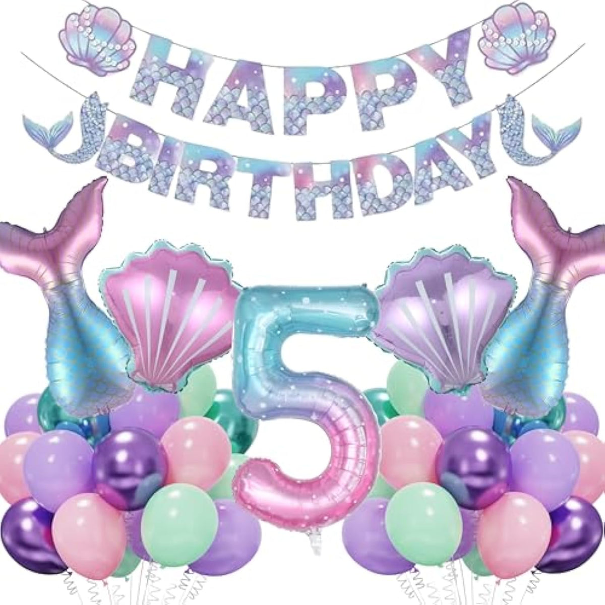 Mermaid 5Th Birthday Party Decorations Includes Happy Birthday Party Banner, Purple Pink Green Mermaid Tail Balloons Kit For Girls Women Baby Shower Supplies