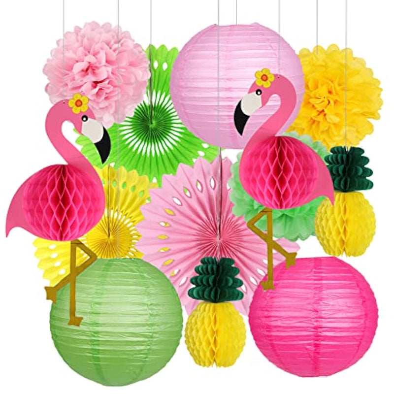 Flamingo Party Supplies, Hawaiian Party Decorations Flamingo And Pineapple Honeycomb Ball Paper Lanterns Paper Fans Pom Poms Flowers For Birthday Luau Tropical Bachelorette Party